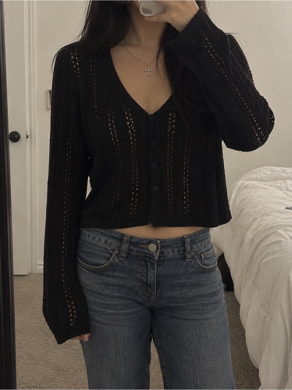 Aeropostale Black Open Knit Cropped Cardigan Size Medium